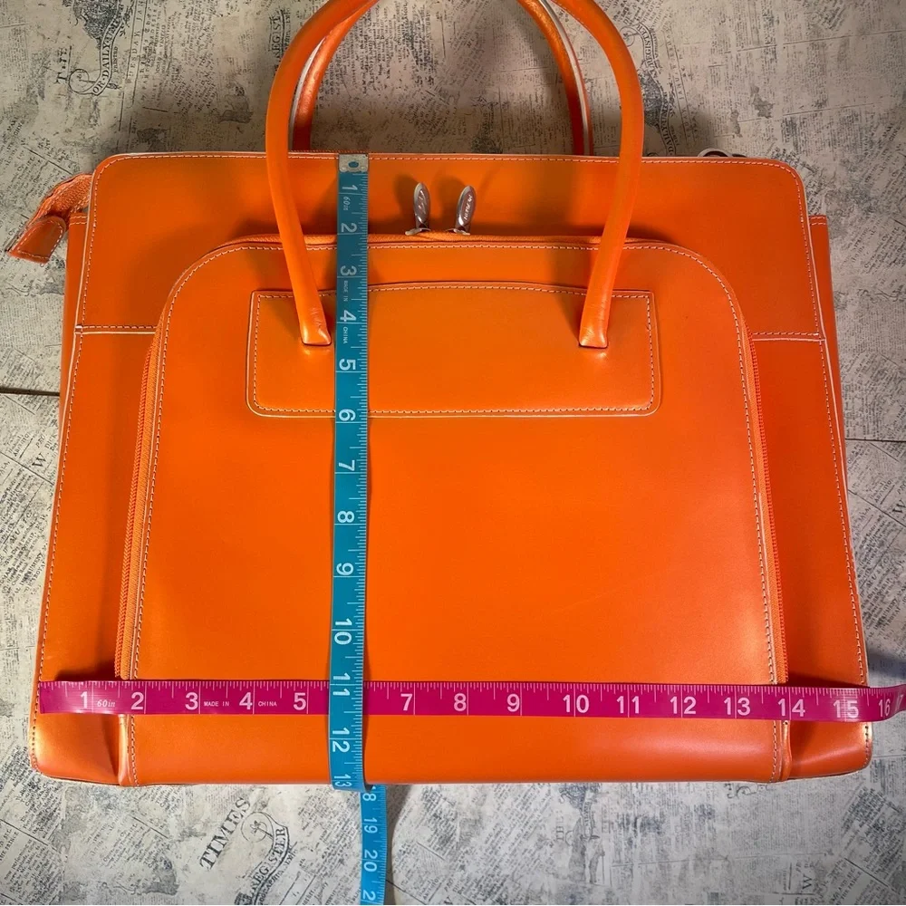 Structured Orange Leather Laptop Tote Bag with Double Handles